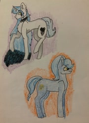 Size: 776x1080 | Tagged: safe, artist:deadsmoke, oc, oc:kate sanders, oc:snowflake white, earth pony, unicorn, choker, concave belly, drawing, irl, link in description, paper, pencil drawing, photo, physique difference, ribs, simple background, sketchbook, skinny, smiling, spiked choker, thin, traditional art