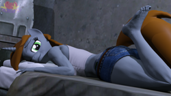 Size: 3840x2160 | Tagged: safe, artist:marianokun, oc, oc:littlepip, unicorn, anthro, plantigrade anthro, fallout equestria, 3d, bed, blender, clothes, feet, looking at you, lying down, on bed, one eye closed, pants, prone, room, skirt, vault
