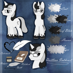 Size: 2000x2000 | Tagged: safe, artist:hoodwinkedtales, oc, oc only, oc:quillian inkheart, unicorn, cutie mark, glasses, ink, inkwell, notebook, quill, quill pen, reference sheet, solo