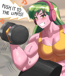 Size: 800x934 | Tagged: safe, artist:tzc, lemon zest, equestria girls, g4, abs, blushing, breasts, clothes, commission, female, fingerless gloves, gloves, grin, gritted teeth, gym, headphones, muscles, muscular female, music, smiling, solo, sports bra, sweat, teeth, weight lifting, weights