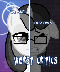 Size: 816x980 | Tagged: safe, artist:pandemonium is chaos, oc, oc only, oc:quillian inkheart, pony, unicorn, two sided posters, crying, glasses, insult, one ear down, self loathing, solo, text, tired, two sides
