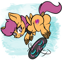 Size: 1750x1668 | Tagged: safe, artist:steelsoul, scootaloo, pegasus, pony, g4, board, butt, butt focus, dock, featureless crotch, female, filly, foal, jumping, looking back, open mouth, open smile, plot, scootabutt, skateboard, smiling, solo, tail, tricks