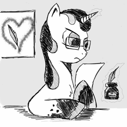 Size: 980x980 | Tagged: safe, artist:arcanelexicon, oc, oc only, oc:quillian inkheart, pony, unicorn, glasses, ink, inkwell, magic, monochrome, quill, solo, telekinesis