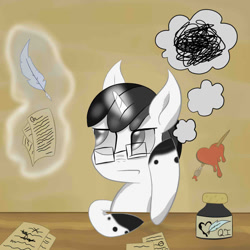 Size: 894x894 | Tagged: safe, artist:sweetstrokesstudios, oc, oc only, oc:quillian inkheart, pony, unicorn, glasses, ink, inkwell, magic, magic aura, quill, quill pen, signature, solo, telekinesis, writer's block, writing