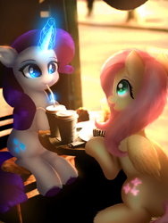 Size: 2304x3072 | Tagged: safe, artist:jaanhavi, fluttershy, rarity, pegasus, pony, unicorn, cafe, female, glowing, glowing cutie mark, glowing horn, horn, irl, levitation, looking at each other, looking at someone, magic, mare, photo, ponies in real life, telekinesis