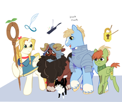 Size: 2272x1900 | Tagged: safe, artist:aztrial, alicorn, cat, pegasus, pony, adult blank flank, anime, armor, blank flank, chilchuck tims, clothes, coat markings, delicious in dungeon, dungeon meshi, helmet, izutsumi, laios touden, leg fluff, marcille donato, open mouth, ponified, scarf, senshi, socks (coat markings), staff