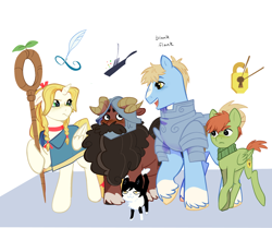 Size: 2272x1900 | Tagged: safe, artist:aztrial, alicorn, cat, pegasus, pony, adult blank flank, anime, armor, blank flank, chilchuck tims, clothes, coat markings, dungeon meshi, helmet, izutsumi, laios touden, leg fluff, marcille donato, open mouth, ponified, scarf, senshi, socks (coat markings), staff