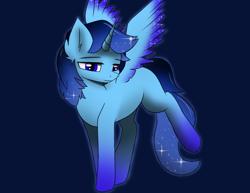Size: 3300x2550 | Tagged: artist needed, source needed, safe, oc, oc only, oc:blue thunder, alicorn, pony, alicorn oc, blue background, horn, simple background, solo, wings