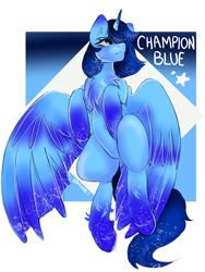 Size: 1080x1440 | Tagged: source needed, safe, artist:komikoe, oc, oc:blue thunder, alicorn, pony, alicorn oc, champion, horn, male, name, solo, stallion, title, wings