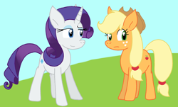 Size: 1550x937 | Tagged: safe, artist:cmara, applejack, rarity, earth pony, pony, unicorn, g4, applejack's hat, cowboy hat, duo, duo female, female, hat