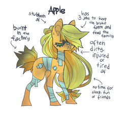 Size: 833x755 | Tagged: safe, artist:cutesykill, applejack, earth pony, pony, g4, alternate design, alternate name, alternate tailstyle, alternate universe, applejack is not amused, bags under eyes, bandage, bandaged leg, beanbrows, big ears, burned, colored eyebrows, colored muzzle, colored pinnae, dirty, ear piercing, earring, eyebrows, eyelashes, female, frown, glare, green eyes, hair over one eye, injured, jewelry, mare, messy mane, messy tail, narrowed eyes, one eye covered, piercing, ponytail, redesign, short tail, simple background, solo, standing, tail, text, unamused, white background