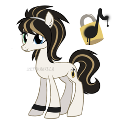 Size: 677x705 | Tagged: safe, artist:zeffdakilla, oc, oc only, oc:lockette, earth pony, pony, bracelet, brown mane, cutie mark, ear piercing, emo, female, headband, heterochromia, jewelry, lip piercing, piercing, reference sheet, simple background, slender, smiling, solo, standing, thin, white background, white fur