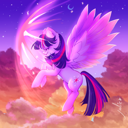 Size: 1000x1000 | Tagged: safe, artist:julieee3e, twilight sparkle, alicorn, pony, g4, cloud, crescent moon, eyes closed, female, flying, magic, mare, moon, night, signature, sky, solo, spread wings, starry sky, stars, twilight sparkle (alicorn), wings