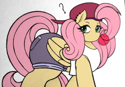 Size: 2048x1423 | Tagged: safe, artist:artmorheart, fluttershy, pegasus, pony, g4, 90s grunge fluttershy, adorasexy, alternate clothes, backwards ballcap, baseball cap, bubblegum, butt, cap, clothes, cute, ear piercing, flutterbutt, food, gum, hat, large butt, looking at you, piercing, question mark, sexy, shorts, simple background, tank top, white background, wings