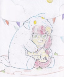 Size: 1576x1894 | Tagged: safe, artist:foxtrot3, jade spade, earth pony, pony, background pony, beaming, cloud, female, filly, foal, hug, plushie, smiling, traditional art, ursa plush, younger