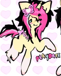 Size: 1440x1784 | Tagged: safe, artist:deadgirl-tv, oc, oc only, oc:playdate, pony, unicorn, big ears, blue eyes, blushing, bow, cheek piercing, coat markings, colored hooves, corset piercing, ear blush, emo, eyebrows, eyebrows visible through hair, fangs, hair bow, hair over one eye, horn, messy mane, messy tail, multicolored mane, multicolored tail, patterned background, piercing, ponysona, scene, smiling, socks (coat markings), solo, stitches, tail, tail bow, text, unicorn oc, unshorn fetlocks