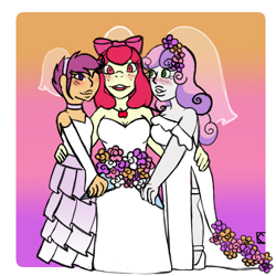 Size: 1000x1000 | Tagged: safe, artist:mintymelody, apple bloom, scootaloo, sweetie belle, human, g4, blushing, bride, clothes, cutie mark crusaders, dress, gradient background, humanized, marriage, redraw, wedding, wedding veil