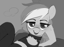 Size: 787x584 | Tagged: safe, artist:_ton618_, rainbow dash, pegasus, pony, g4, bedroom eyes, boob window, chest fluff, female, grayscale, looking at you, mare, monochrome, open mouth, open smile, smiling, smiling at you, solo, wip