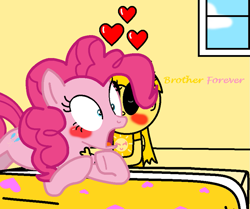 Size: 915x766 | Tagged: safe, artist:princess-paige-place-of-fun, pinkie pie, oc, oc:sunny skies, earth pony, human, pony, g4, bedroom, blushing, canon x oc, cloud, eyes closed, female, heart, love, pegasus human, ship:sunnypie, shipping, shocked, smiling, sun, text, window, wings