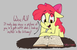 Size: 1914x1240 | Tagged: safe, artist:chrysopoeia, artist:pinkberry, apple bloom, earth pony, pony, g4, book, collaboration, dialogue, eye clipping through hair, eyebrows, eyebrows visible through hair, female, filly, foal, freckles, gray background, hoof on cheek, hoof on head, implied applejack, implied goth, implied mother, open mouth, reading, simple background, teeth