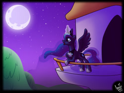 Size: 2000x1500 | Tagged: safe, artist:amuzoreh, princess luna, alicorn, pony, balcony, canterlot castle, female, full moon, glowing, glowing horn, horn, mare, moon, night, singing, solo