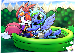 Size: 1726x1234 | Tagged: safe, artist:amuzoreh, oc, oc only, pegasus, pony, clothes, duo, hug, kiddie pool, one eye closed, sitting, sonic the hedgehog (series)