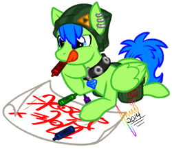 Size: 965x837 | Tagged: safe, artist:amuzoreh, oc, oc only, pegasus, pony, bag, beanie, collar, crayon, ear piercing, hat, lying down, pegasus oc, piercing, prone, saddle bag, sign, simple background, solo, tongue out, white background