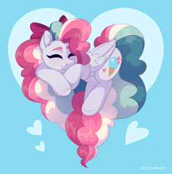 Size: 1904x1930 | Tagged: safe, artist:skysorbett, oc, oc only, oc:sky sorbet, pegasus, pony, abstract background, bow, curly hair, curly mane, eyebrows, eyes closed, female, folded wings, hair bow, heart, mare, multicolored hair, multicolored mane, pegasus oc, smiling, solo, wings