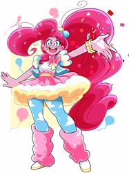 Size: 2565x3437 | Tagged: safe, artist:eemapso, pinkie pie, human, g4, big hair, blushing, bow, bracelet, clothes, dress, eyebrows, eyebrows visible through hair, female, humanized, jewelry, leg warmers, leggings, open mouth, passepartout, ponytail, simple background, skirt, smiling, solo, white background