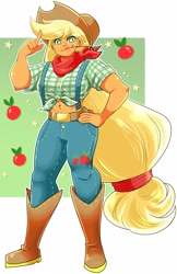 Size: 2202x3396 | Tagged: safe, artist:eemapso, applejack, human, g4, abs, apple, bandana, belt, big hair, boots, clothes, cowboy boots, cowboy hat, denim, eyebrows, eyebrows visible through hair, female, food, front knot midriff, hand on hip, hat, humanized, jeans, looking at you, midriff, pants, passepartout, shoes, simple background, smiling, solo, stars, stetson, straw in mouth, suspenders, white background