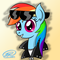 Size: 3840x3840 | Tagged: safe, artist:iamaveryrealperson, rainbow dash, pegasus, pony, g4, abstract background, bust, clothes, date (time), gradient background, head only, jacket, leather, leather jacket, looking at someone, looking at something, looking at you, portrait, shirt, signature, smiling, solo, sunglasses, sunglasses on head, t-shirt, teeth, zipper