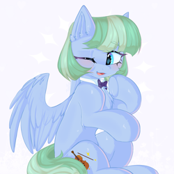 Size: 2000x2000 | Tagged: safe, artist:thieftea, oc, oc only, oc:silky strings, pegasus, pony, looking at you, one eye closed, smiling, smiling at you, solo, two toned mane, wings, wink, winking at you