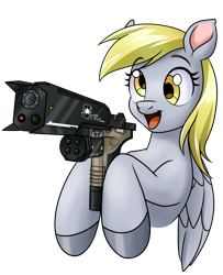Size: 1235x1524 | Tagged: safe, artist:thescornfulreptilian, derpy hooves, pegasus, pony, g4, female, gun, mare, open mouth, open smile, simple background, smart pistol, smart pistol mk6, smiling, solo, titanfall, titanfall 2, transparent background, weapon