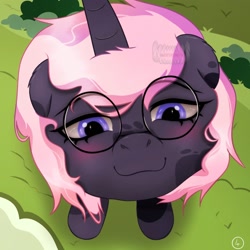 Size: 1600x1600 | Tagged: safe, artist:artsypaws, derpibooru exclusive, oc, oc:artsypaws, pony, unicorn, comic:lunch with my lover, curved horn, glasses, horn, macro, macro/micro, micro, pred, predator, prey, round glasses, smiling, soft vore, solo, swallow, vore