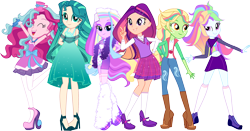 Size: 9330x4875 | Tagged: safe, artist:shootingstarsentry, oc, oc only, oc:apple wish, oc:crystal frost, oc:serenade skye, oc:sweetie treat, oc:twilight moon, oc:velocity wing, human, equestria girls, g4, absurd resolution, bare shoulders, boots, clothes, dreamworks face, dress, eyebrows, female, grin, human oc, leg warmers, looking at you, magical lesbian spawn, miniskirt, offspring, parent:applejack, parent:caramel, parent:cheese sandwich, parent:flash sentry, parent:fluttershy, parent:pinkie pie, parent:prince blueblood, parent:rainbow dash, parent:rarity, parent:soarin', parent:somnambula, parent:sunset shimmer, parents:carajack, parents:cheesepie, parents:flashimmer, parents:rariblood, parents:soarindash, raised eyebrow, shoes, simple background, skirt, smiling, smiling at you, socks, stockings, thigh highs, thigh socks, transparent background