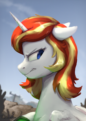 Size: 2478x3506 | Tagged: safe, artist:thebowtieone, oc, oc only, oc:thunder mane, alicorn, alicorn oc, angry, blue eyes, bust, fallout equestria oc, female, horn, mare, pipbuck, raffle prize, scenery, solo, wings