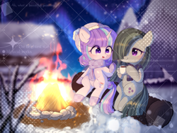 Size: 2000x1500 | Tagged: safe, marble pie, oc, oc:delia ino, pony, g4, canon x oc, chocolate, fire, food, friendship, hot chocolate, obtrusive watermark, smiling, snow, watermark
