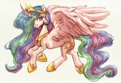 Size: 1273x878 | Tagged: safe, artist:tigra0118, princess celestia, alicorn, pony, g4, alicorn horn, crown, curved horn, female, flying, horn, jewelry, long horn, long mane, long neck, long tail, looking at you, mare, regalia, solo, spread wings, tail, traditional art, watercolor painting, wings