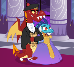 Size: 950x867 | Tagged: safe, artist:queencold, garble, princess ember, dragon, g4, banner, beautiful, beret, bowtie, canterlot, carpet, checkered floor, clothes, cloud, cloudy, dress, duo, duo male and female, female, gown, hat, male, night, pillar, red carpet, scottish, ship:emble, shipping, spats, straight, vest, window