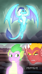 Size: 993x1732 | Tagged: safe, artist:tamersworld, garble, princess ember, spike, dragon, g4, gauntlet of fire, dragoness, female, flying, glowing, grammar error