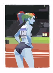 Size: 6000x8278 | Tagged: safe, artist:hyung7754, rainbow dash, human, equestria girls, g4, absurd resolution, booty shorts, clothes, female, ponytail, shorts, solo, sports shorts, stadium, sweat, workout, workout outfit