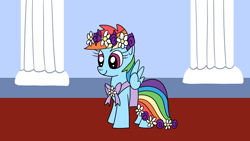 Size: 1920x1080 | Tagged: safe, artist:platinumdrop, rainbow dash, pegasus, pony, g4, clothes, dress, female, filly, flower girl, flower girl dress, foal, request, smiling, solo, younger