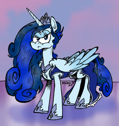 Size: 1590x1677 | Tagged: safe, artist:andreu-t, oc, oc only, alicorn, pony, alicorn oc, annoyed, clothes, dress, hoof shoes, horn, jewelry, looking at you, not luna, pouting, regalia, solo, wings