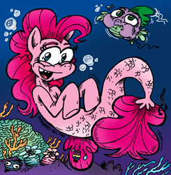 Size: 1281x1309 | Tagged: safe, artist:andreu-t, pinkie pie, spike, earth pony, fish, puffer fish, seapony (g4), g4, my little pony: the movie, bubble, coral, crepuscular rays, dorsal fin, female, fin, fins, fish tail, fishing hook, flowing mane, flowing tail, hook, looking at you, mare, ocean, open mouth, open smile, scales, seaponified, seapony pinkie pie, seaweed, smiling, smiling at you, species swap, spike the pufferfish, sunlight, swimming, tail, underwater, water