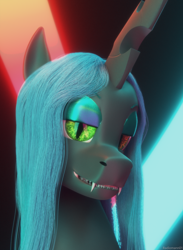 Size: 2200x3000 | Tagged: safe, artist:radiomann01, queen chrysalis, changeling, changeling queen, g4, 3d, blender, blender cycles, bust, fangs, female, high res, horn, looking at you, mane, missing accessory, open mouth, portrait, render, sharp teeth, simple background, smiling, solo, teeth