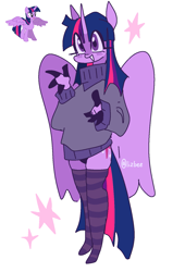 Size: 1061x1557 | Tagged: safe, artist:lizbee0820, twilight sparkle, alicorn, pony, anthro, g4, clothes, open mouth, open smile, simple background, smiling, socks, solo, stockings, striped socks, sweater, thigh highs, twilight sparkle (alicorn), white background