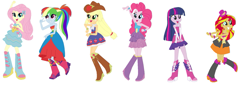 Size: 1275x431 | Tagged: safe, artist:diana173076, applejack, fluttershy, pinkie pie, rainbow dash, sunset shimmer, twilight sparkle, human, equestria girls, g4, alternate design, alternate hairstyle, alternate universe, boots, clothes swap, fall formal outfits, female, grin, hat, open mouth, open smile, ponytail, rarity's fall formal boots, shoes, simple background, smiling, top hat, twilight sparkle (alicorn), white background