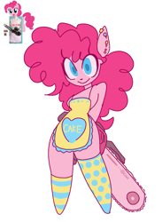 Size: 1061x1450 | Tagged: safe, artist:lizbee0820, pinkie pie, earth pony, pony, anthro, g4, apron, chainsaw, clothes, cute, diapinkes, holding, smiling, socks, solo, standing, thigh highs