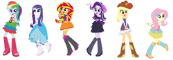 Size: 1276x450 | Tagged: safe, artist:diana173076, applejack, fluttershy, rainbow dash, rarity, starlight glimmer, sunset shimmer, human, equestria girls, g4, alternate design, alternate hairstyle, alternate universe, boots, butterfly hairpin, dashverse, fall formal outfits, grin, hat, humanized, open mouth, open smile, shoes, simple background, smiling, white background