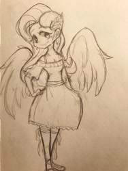 Size: 1500x2000 | Tagged: safe, artist:meowmeows, fluttershy, human, g4, clothes, dress, humanized, pencil drawing, smiling, solo, traditional art